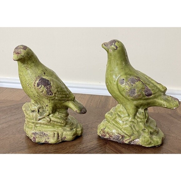MCM Green Crackle Glaze Art Pottery Bird Figures Set Of 2 Farmhouse Bird Lovers - Picture 6 of 13